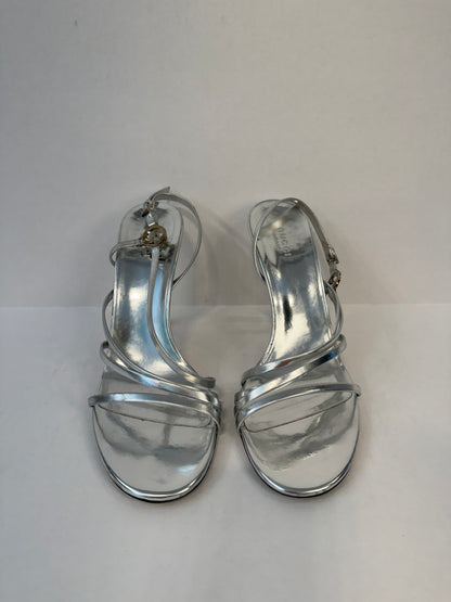GUCCI Interlocking GG Strappy Stiletto Sandals in Silver Metallic Leather — Authentic Pre-Owned | US8-EU38.5