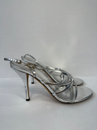 GUCCI Interlocking GG Strappy Stiletto Sandals in Silver Metallic Leather — Authentic Pre-Owned | US8-EU38.5