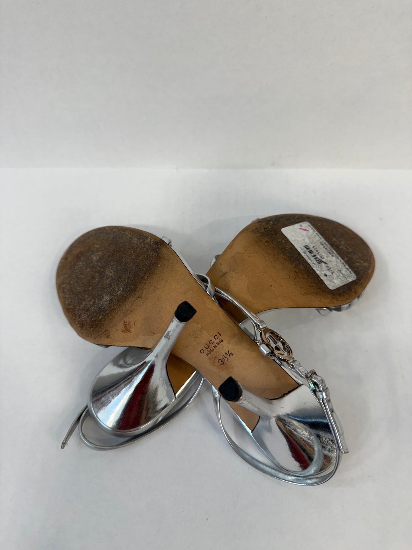 GUCCI Interlocking GG Strappy Stiletto Sandals in Silver Metallic Leather — Authentic Pre-Owned | US8-EU38.5