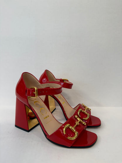 GUCCI Lady Horsebit Block Heel Sandals in Red Patent Leather — Authentic Pre-Owned | Size EU 37 / US 7