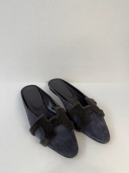 HERMES Suede & Fur Flat Mules/ US9-EU39.5