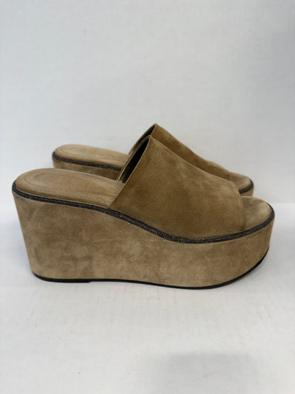 BRUNELLO CUCINELLI Suede Platform Wedge Slide in Taupe — Excellent | US7-EU37