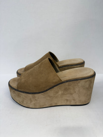 BRUNELLO CUCINELLI Suede Platform Wedge Slide in Taupe — Excellent | US7-EU37