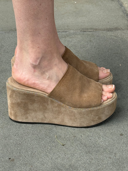 BRUNELLO CUCINELLI Suede Platform Wedge Slide in Taupe — Excellent | US7-EU37