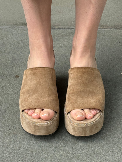 BRUNELLO CUCINELLI Suede Platform Wedge Slide in Taupe — Excellent | US7-EU37