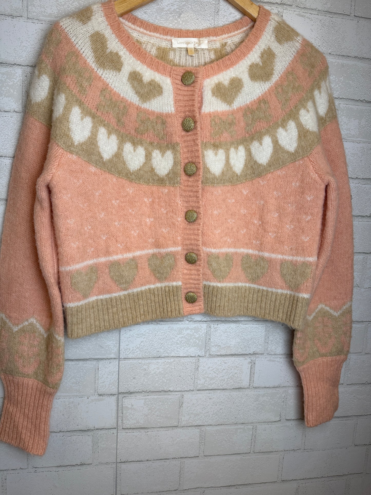 LOVESHACKFANCY Wool  LS  Dimples Heart Print  Round Neck Cardigan/M