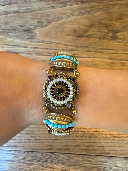 NO BRAND Link Bracelet Gold & Pearl Red RIhinestone Turquoise