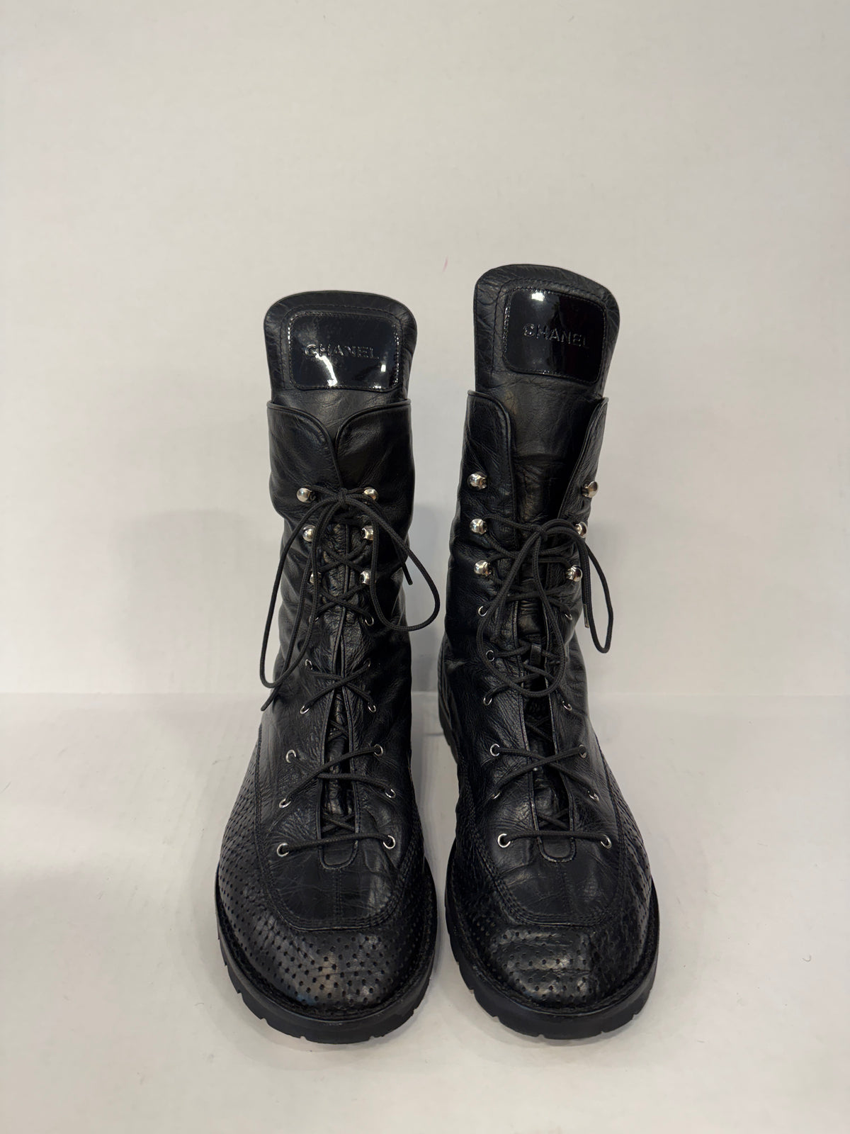 Chanel leather fold-over combat boots with logo, size US 9, photo 6