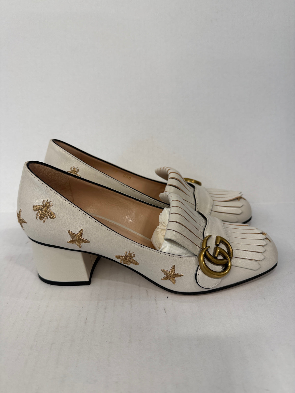 GUCCI  Leather Marmont Bee Star Block Heels Pumps/US9-EU39