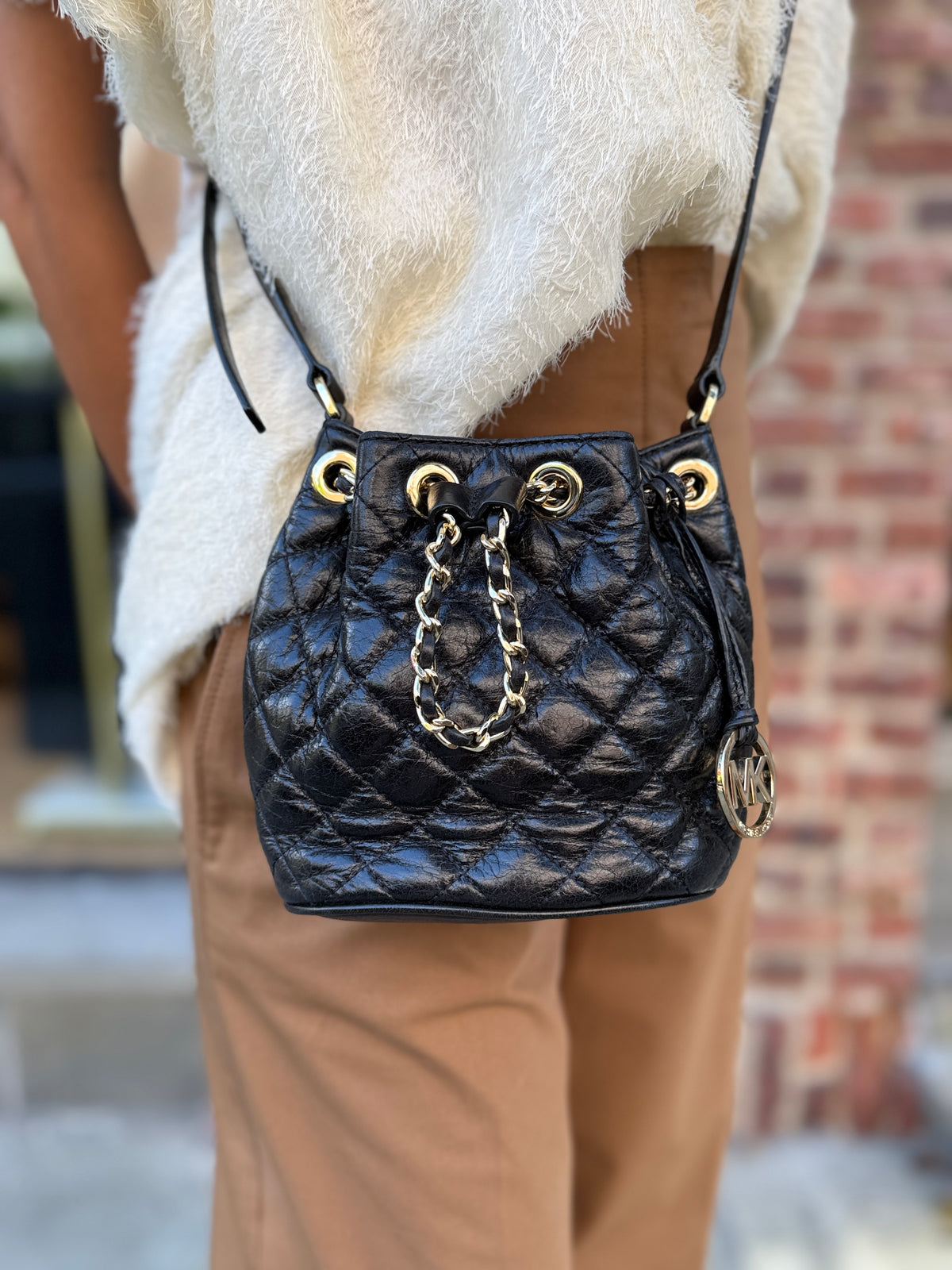 MICHAEL KORS Leather Quilted Crossbody Bucket Bag