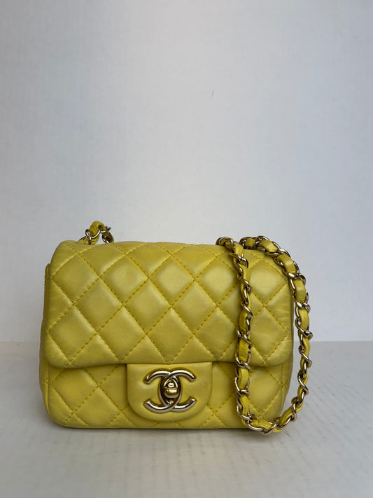 Chanel Classic Mini Square Flap bag yellow quilted lambskin 