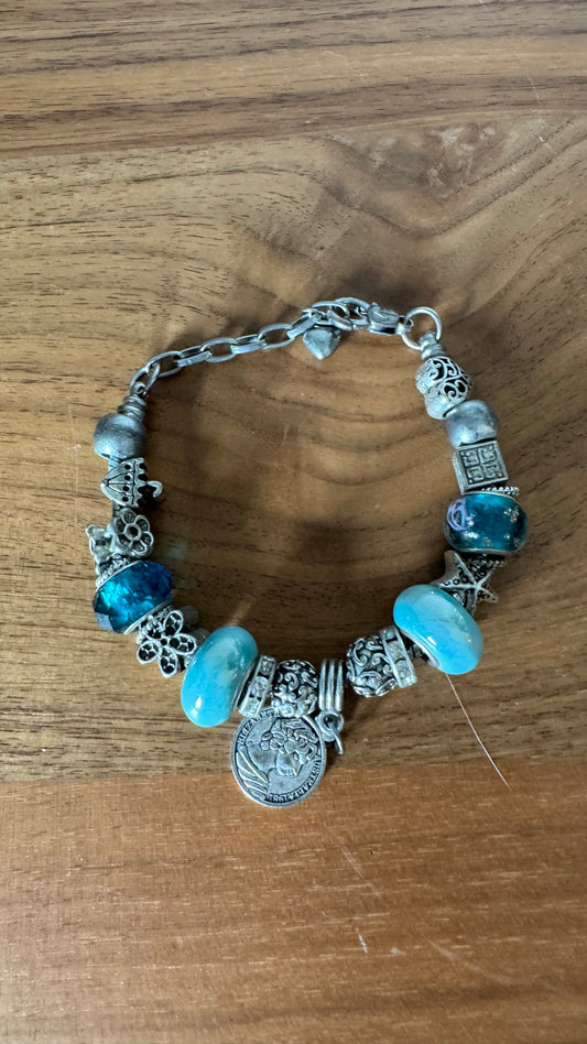 NO BRAND Silver Tone and Turquoise Charm Bracelet