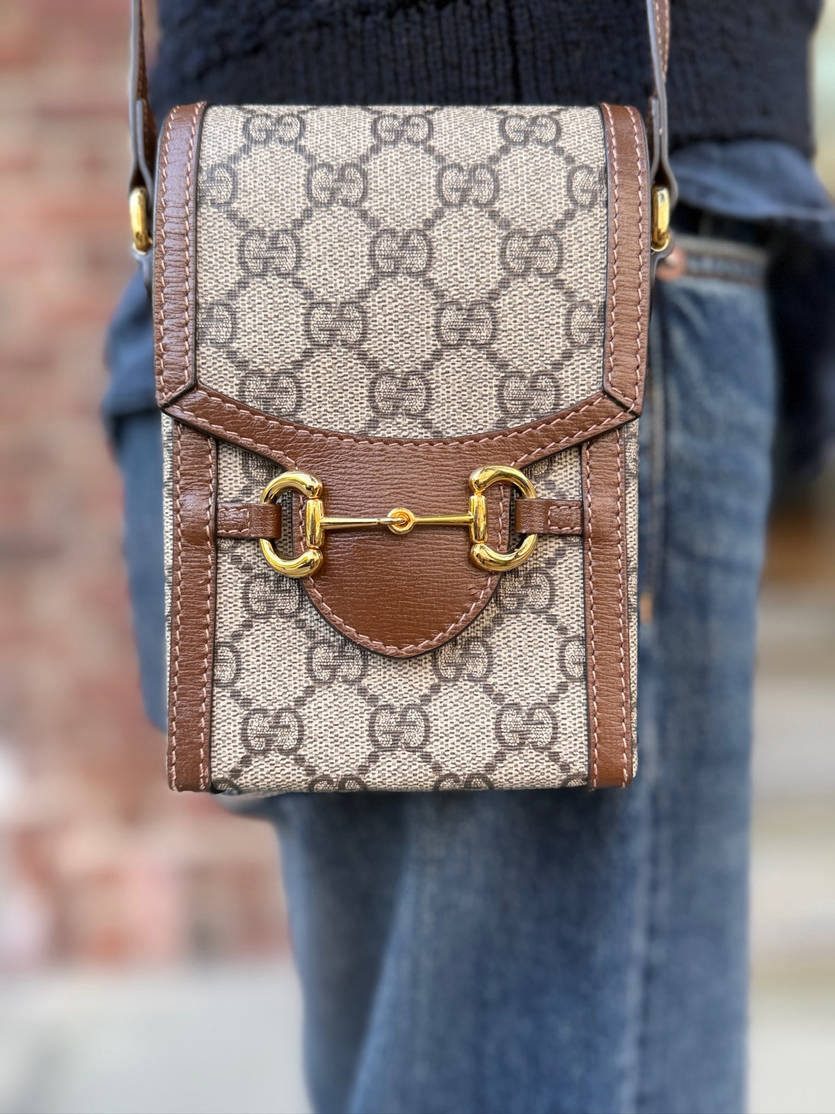 GUCCI Horsebit 1955 Mini Bag in GG Supreme Beige — Excellent | Gold Horsebit
