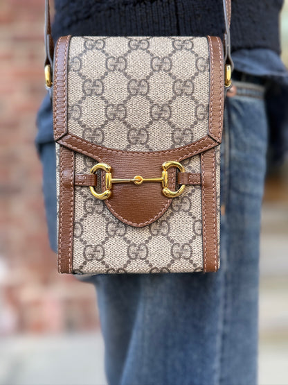GUCCI Horsebit 1955 Mini Bag in GG Supreme Beige — Excellent | Gold Horsebit