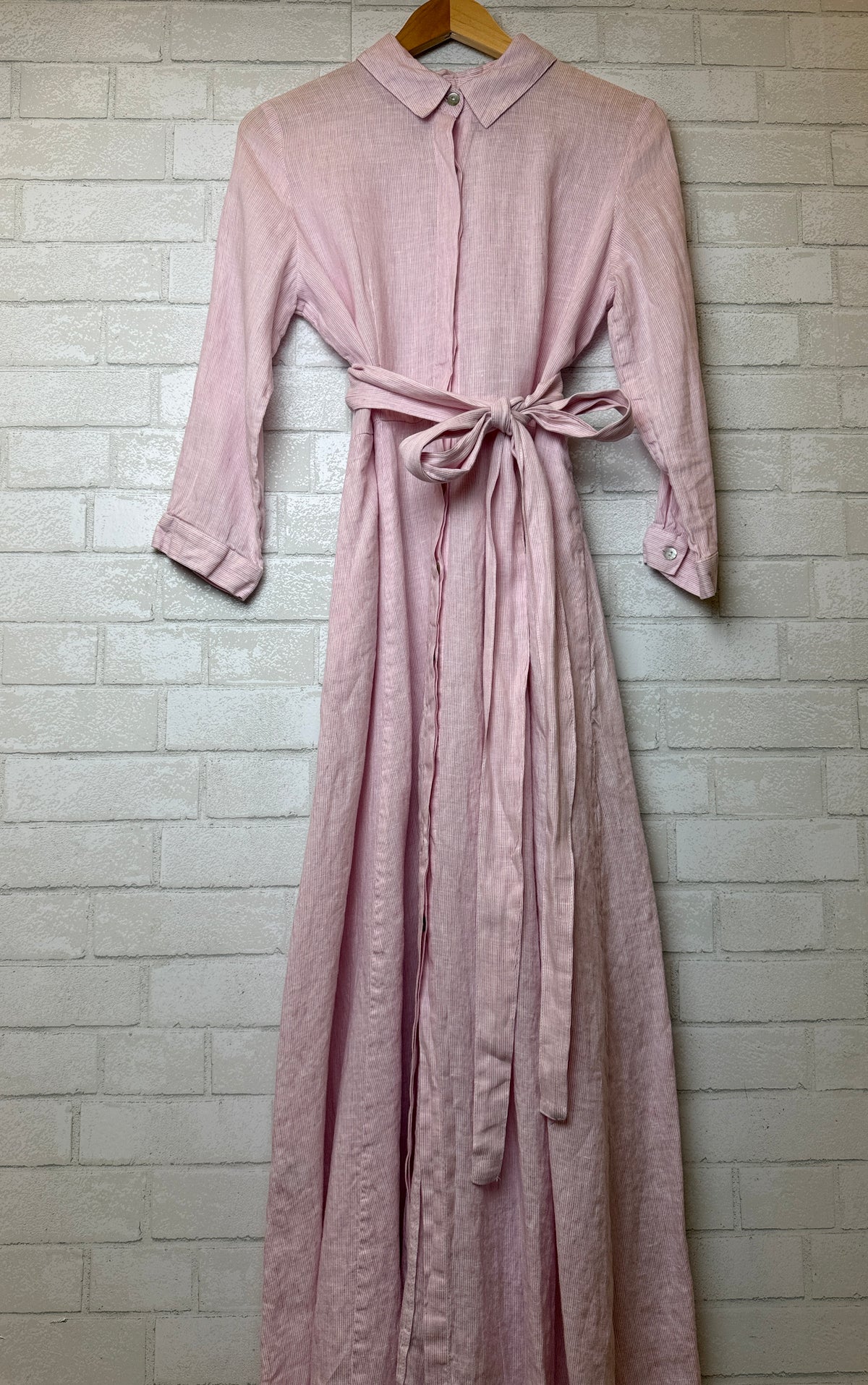 MARINA ST BARTH LS Linen Belted Striped Maxi Dress / L