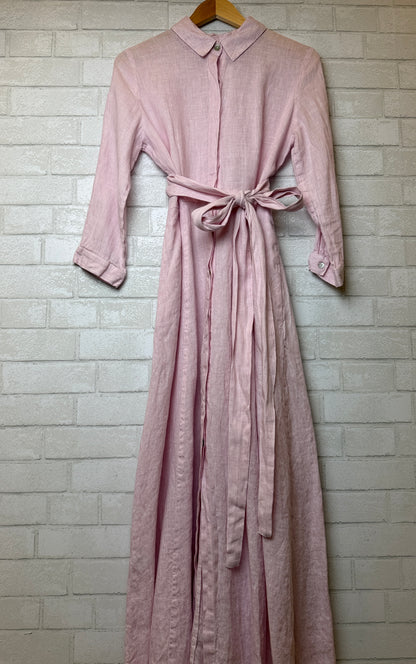 MARINA ST BARTH LS Linen Belted Striped Maxi Dress / L