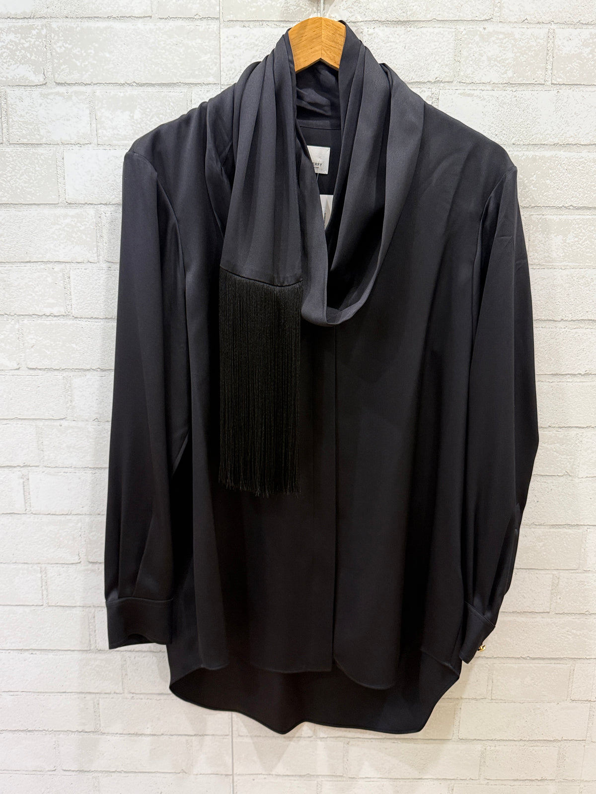 BURBERRY Silk LS  Fringed Scarf Blouse/M