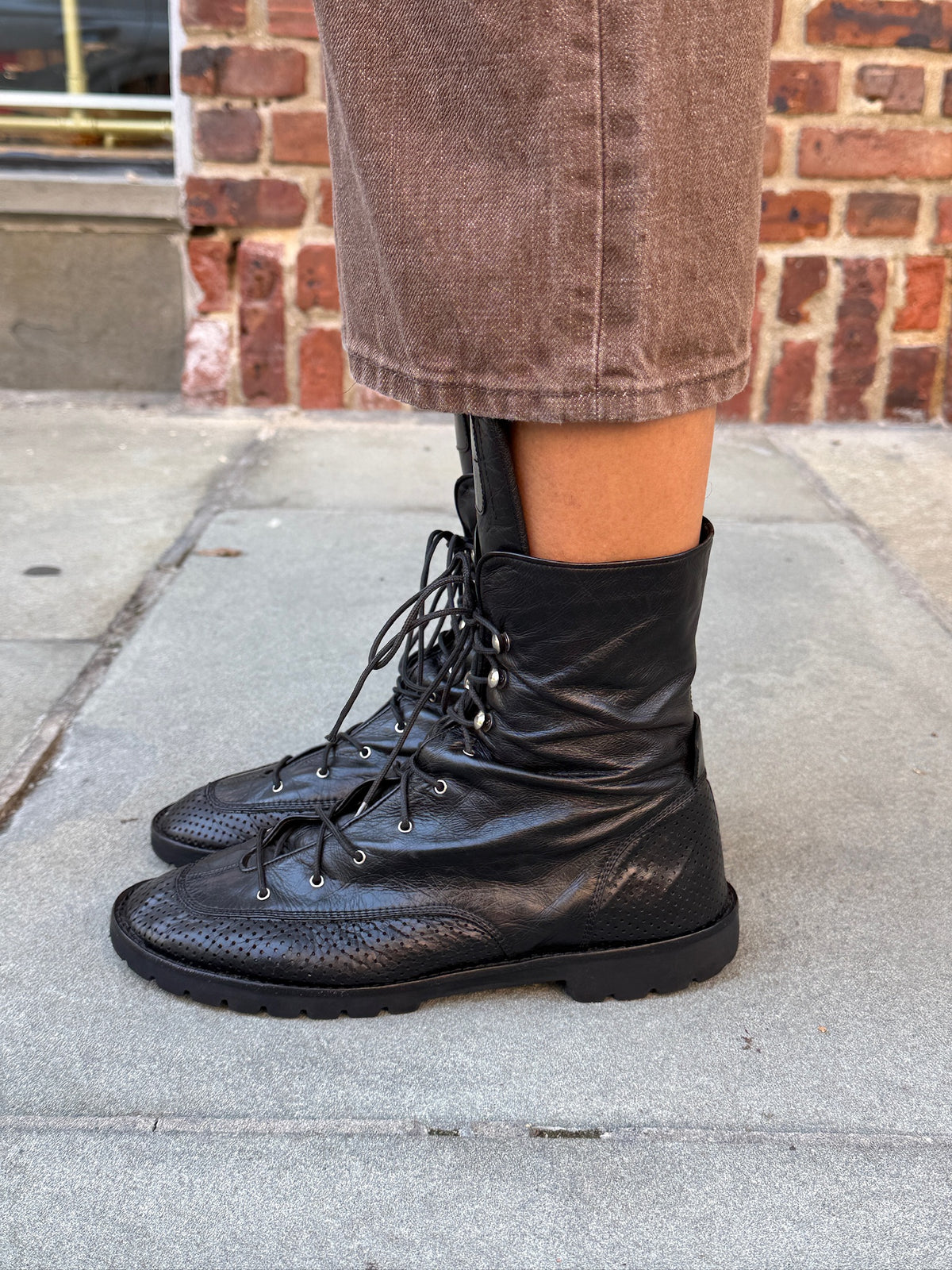 Chanel leather fold-over combat boots with logo, size US 9