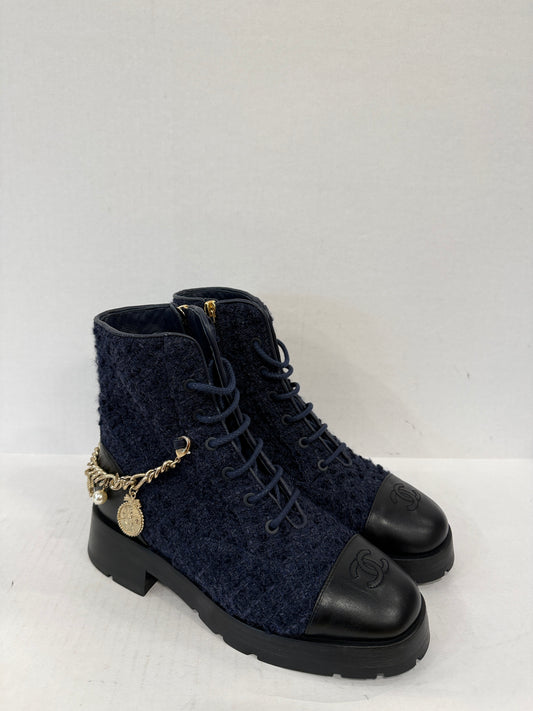 CHANEL Wool Tweed Calfskin Lace Up Combat Boots/US6.5-EU37.5