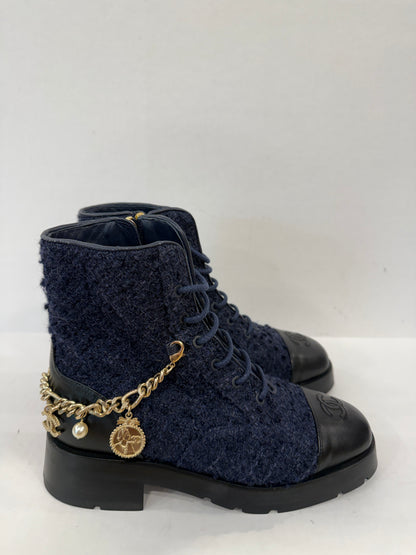 CHANEL Wool Tweed Calfskin Lace Up Combat Boots/US6.5-EU37.5