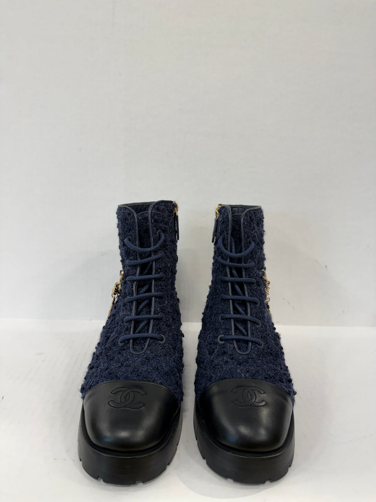 CHANEL Wool Tweed Calfskin Lace Up Combat Boots/US6.5-EU37.5