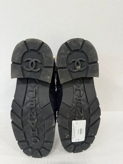 CHANEL Wool Tweed Calfskin Lace Up Combat Boots/US6.5-EU37.5