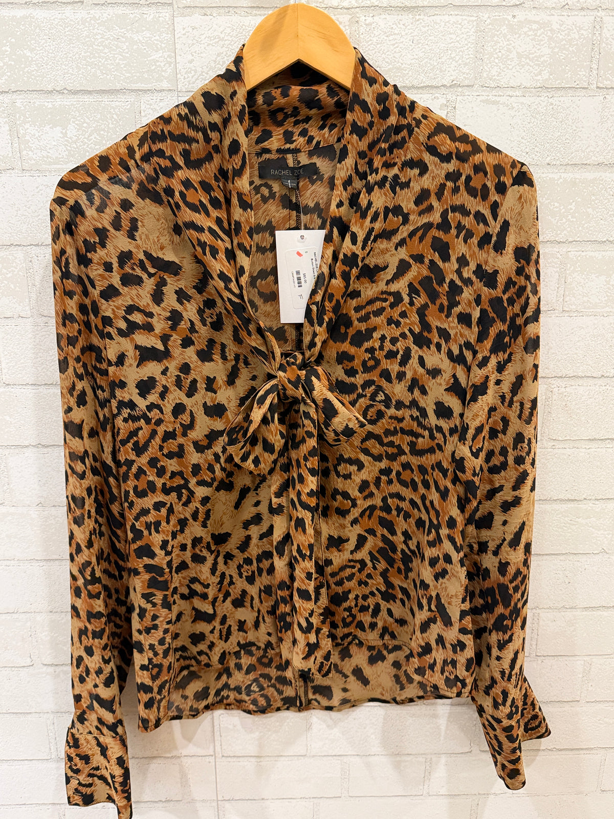 RACHEL ZOE LS Leopard Print Tie Neck Button Down Silk Shirt / S-US4