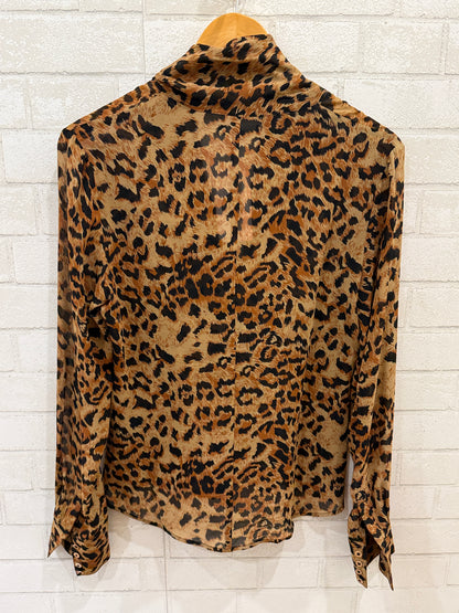 RACHEL ZOE LS Leopard Print Tie Neck Button Down Silk Shirt / S-US4