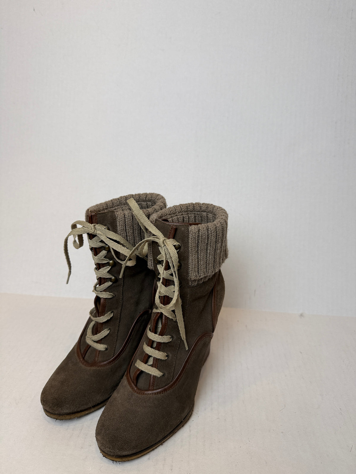 CHLOE Suede Lace Up Wedge Ankle Boots/US7-EU37