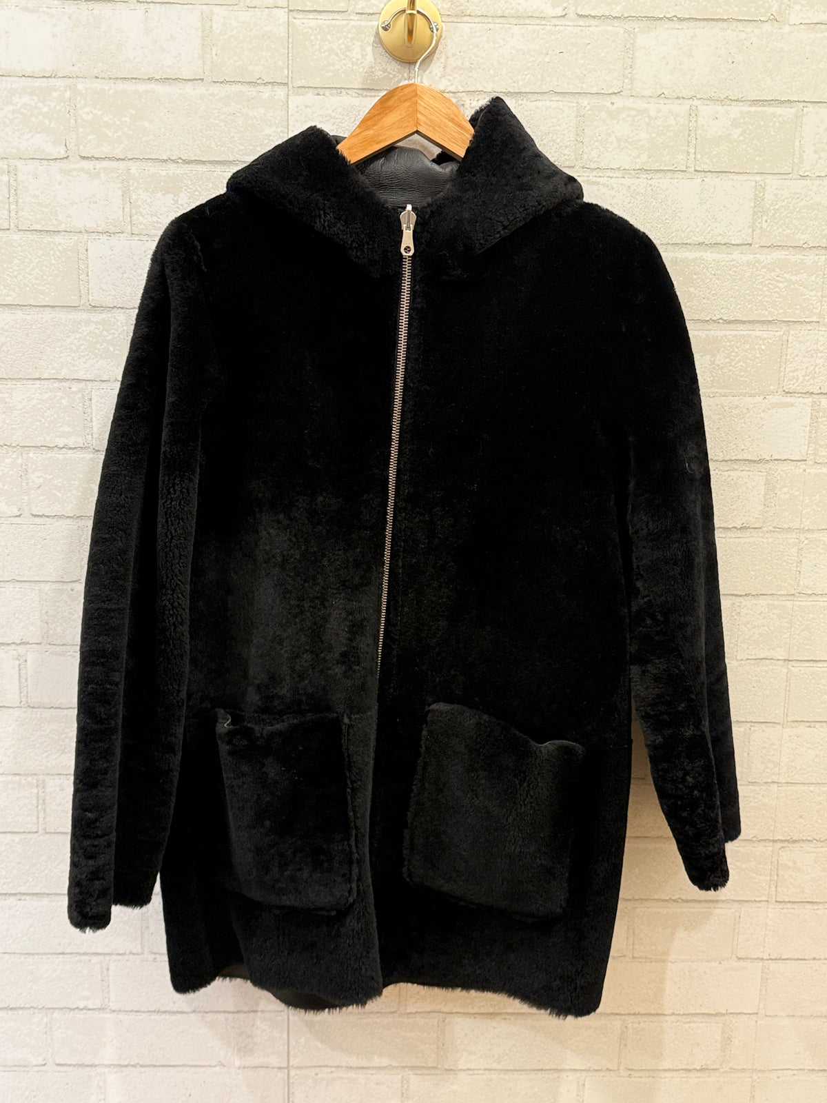 SANDRO Leather & Sherling Reversible Hoodie Coat/S