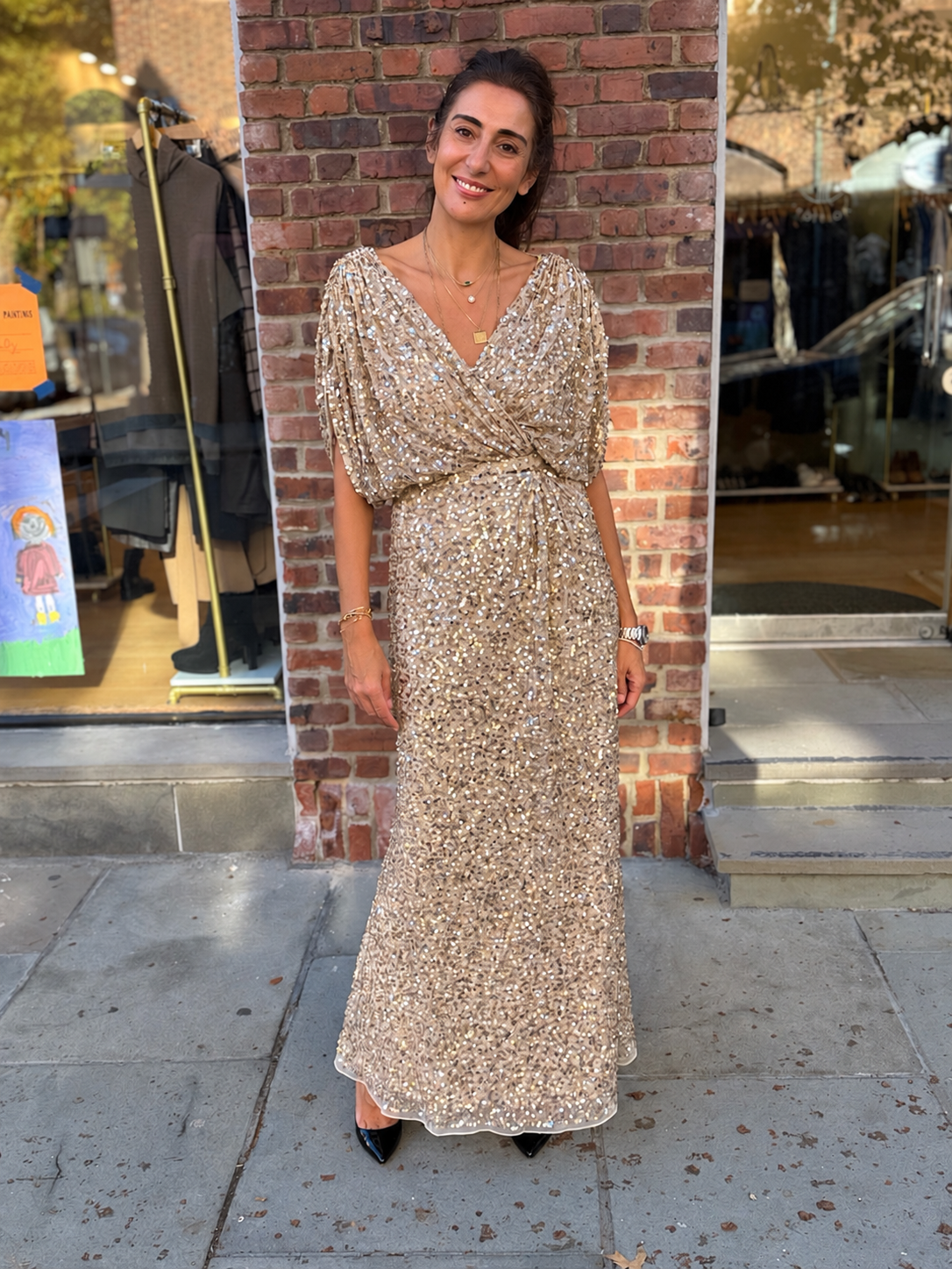 MAC DUGGAL Sequin Draped Sleeve V Neck Gown / L-US10