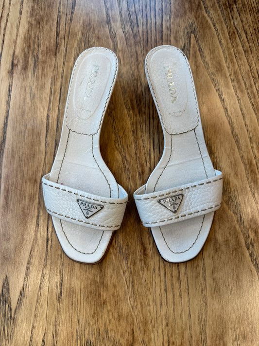 PRADA Leather Mules with Logo Size US8-EU37.5